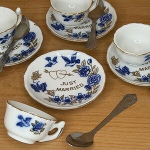 Just Married Porcelain Tea Set 12 Pieces Blue White Gold